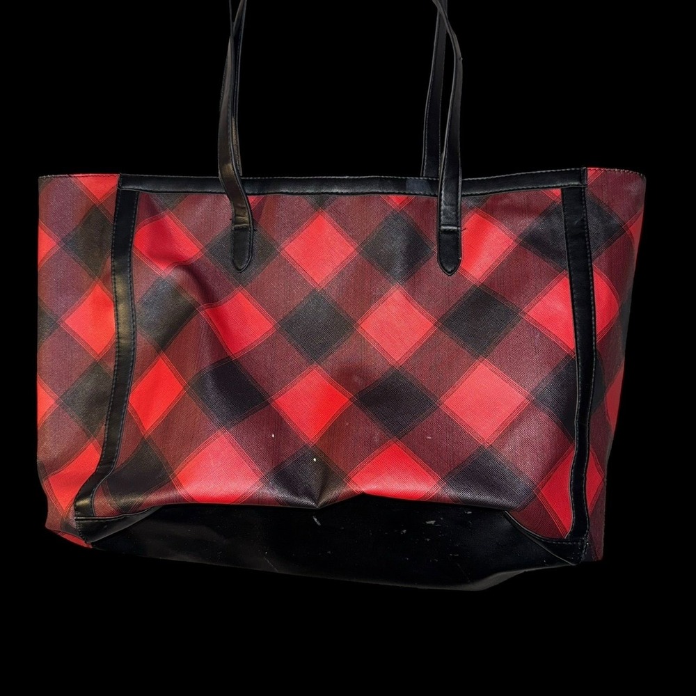 Victoria Secret women's tote‎ purse plaid black red Large faux leather - Picture 3 of 6